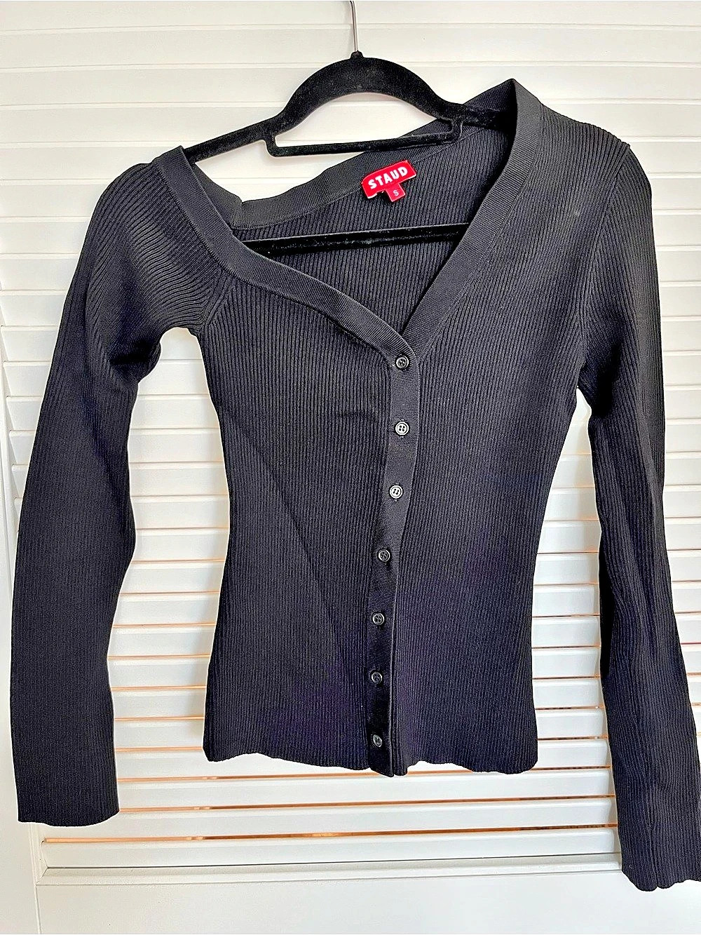 STAUD Craftsman One-Shoulder Rib Cardigan Black Small